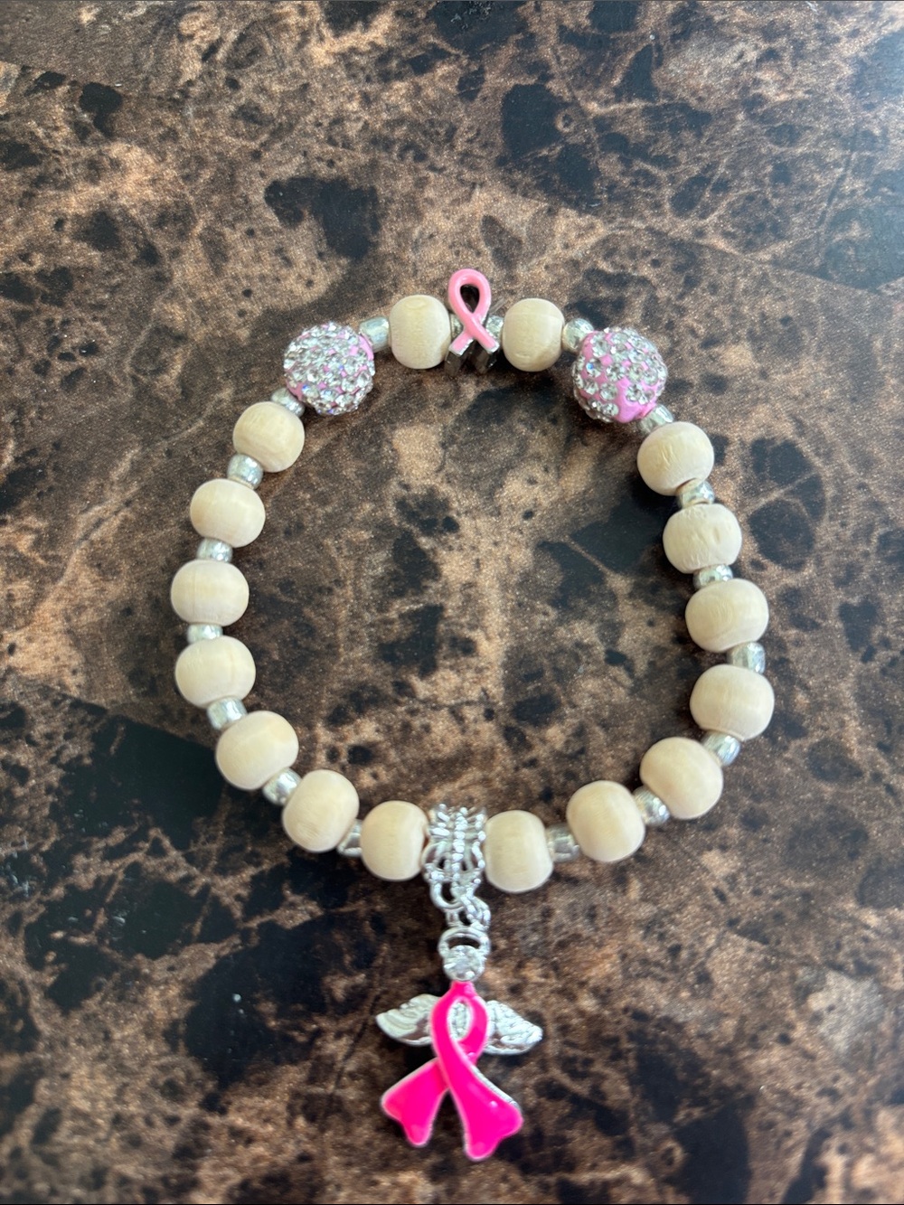 🌸 “Breast Cancer” Pink Ribbon Beaded Charm Bracelet - Women's Support Jewelry